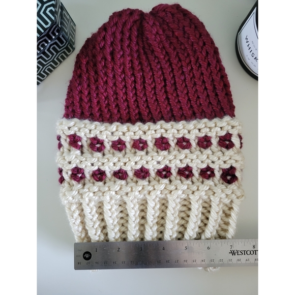 Two-Tone Waffle-Base Knit Beanie - Burgundy/Cream (Handmade) - Picture 8 of 11